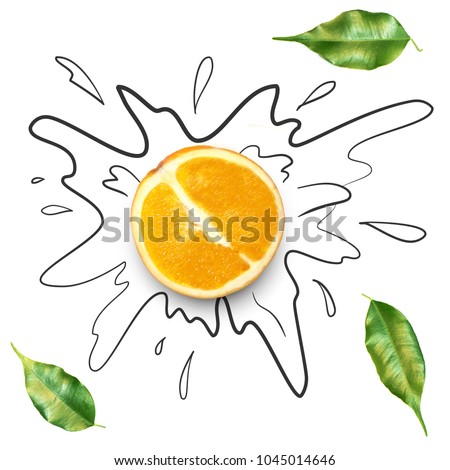 Fruit composition with fresh orange and cartoon cute doodle drawing juice or liquid splash on white background. Creative minimalistic food concept. Royalty-Free Stock Photo #1045014646