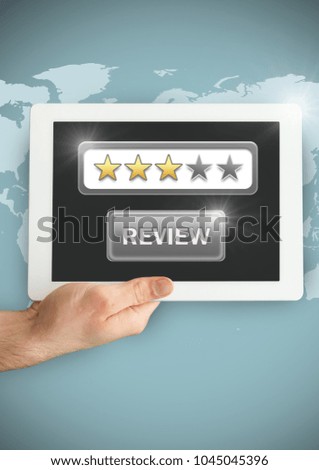 Digital composite of Hand holding tablet with review button and star ratings review