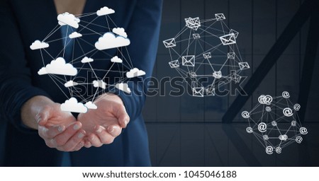 Digital composite of Mixed various app icons connected and Businesswoman with hand palm open and dark background