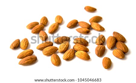 Raw Natural Organic Almonds Nuts Scattered Isolated on White Background Top View Healthy Food for Life Natural Light Selective Focus