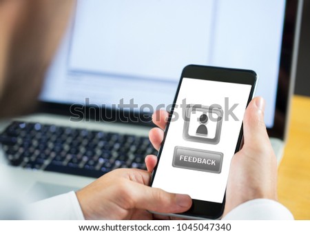 Digital composite of Hand holding phone with feedback buttons