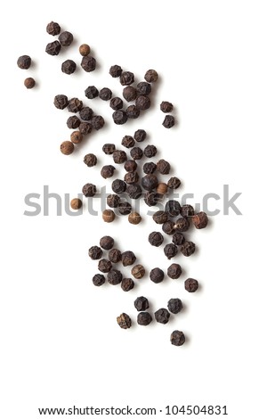 Black peppercorns isolated on white background.  Overhead view. Royalty-Free Stock Photo #104504831