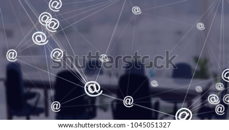 Digital composite of 3D at sign connected icons with office background