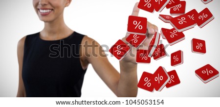 Happy businesswoman looking away while touching invisible interface against percent sign vector icon