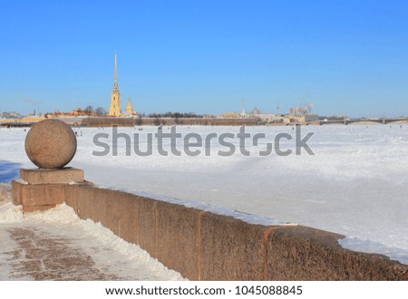 St. Petersburg Downtown Cityscape View from Granite Neva River Embankment and Peter and Paul Fortress on Background in Russia. Winter Sunny Day Outdoor Scene of Public Beautiful City Viewpoint.