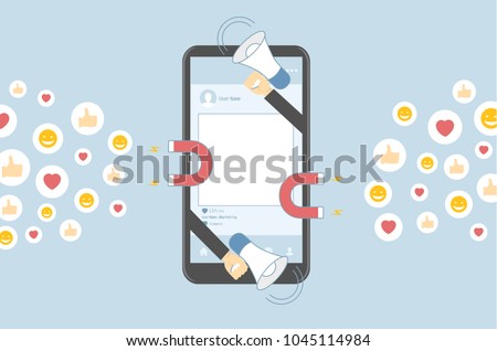 Social Media Marketing Solution - isolated on blue background. For web site,campaign,ui,ad and app. Business concept for attracting new followers and customers, vector illustration eps 10 Royalty-Free Stock Photo #1045114984