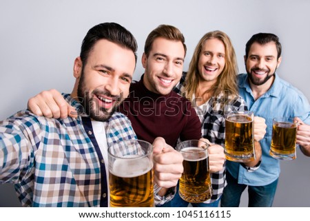 Success photographing football soccer holiday unity festive mood concept close up photo of handsome excited cheerful bearded toothy smiling guys making self picture hugging isolated on gray background