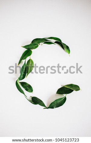 Letter G made of green leaves. Letter G shape on white background. Concept of preserving ecology and taking care of environment.