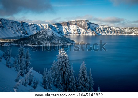 Crater Lake Oregon Mountain Forest Snow Winter Icy Lake Photographs