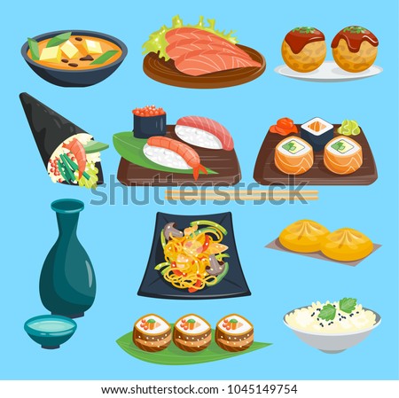 Japanese food vector sushi on plate sashimi roll or nigiri and seafood with rice in Japanese restaurant illustration cuisine with chopsticks Japanization set isolated on background Royalty-Free Stock Photo #1045149754