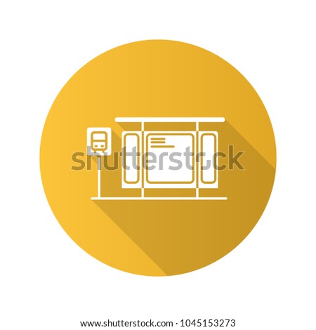 Bus station flat design long shadow glyph icon. Vector silhouette illustration