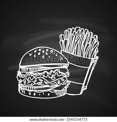 Hand Drawn Chalk Sketch of Fast Food. Tasty Cheeseburger with a Pack of Salty French Fries. Illustration on Black
