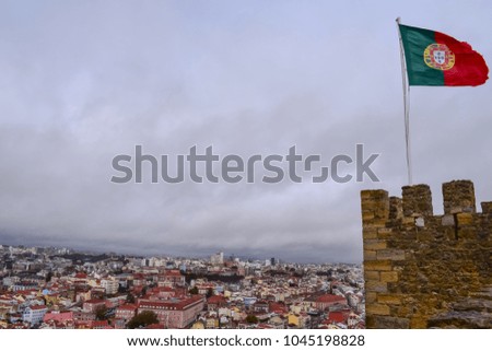 Views from São Paulo castle in Lisbon with Portuguese flag