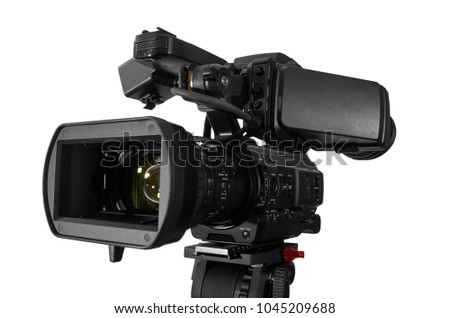 Professional video camera pointing to camera left. Excellent Clipping Path. Video concept.