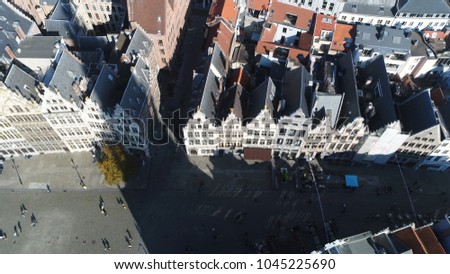 Aerial picture of Antwerp guildhalls or guild houses historically used by guilds for meetings and other purposes merchant guilds were reinvented during Europese Medieval period