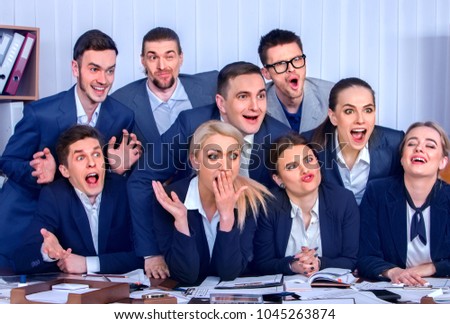 Mad business people office in high school celebrate successful passing exams. Team student college rejoice project. Peoples fooled to give bunny fingers prank. They make faces with joy. Phthous memory