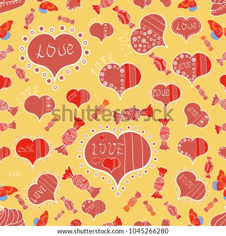 Vector illustration. Love repeated backdrop for girl, textile, clothes, wrapping paper. Romantic seamless. Valentine':s day. Sketch heart elements on yellow, orange and white colors.