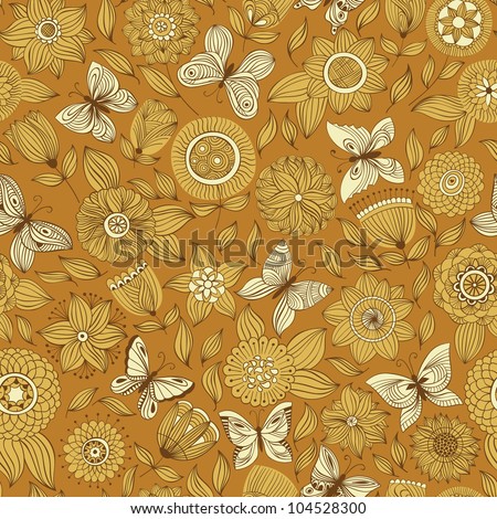 Vector seamless pattern with butterflies flying over the flowers.