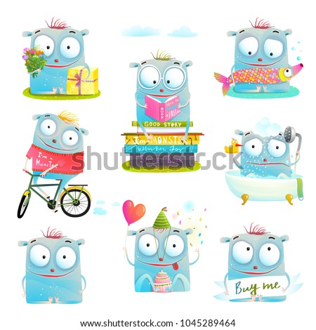 Funny Cute Kids Monster Character. Clip-art collection of fun childish pets. Vector illustration.