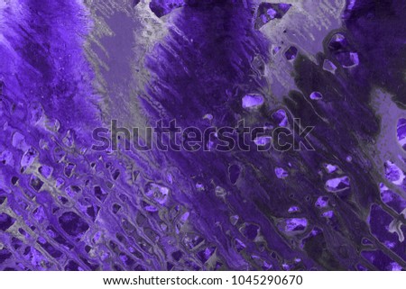 Violet with black wet abstract paint leaks and splashes texture on white watercolor paper background. Natural organic shapes and design.
