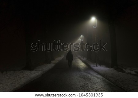 Foggy night in Sweden Scandinavia Europe. Beautiful, mystical and abstract photo of dark winter evening with mist in air. Calm, peaceful outdoors image with lights and lamps in Alley with man walking.