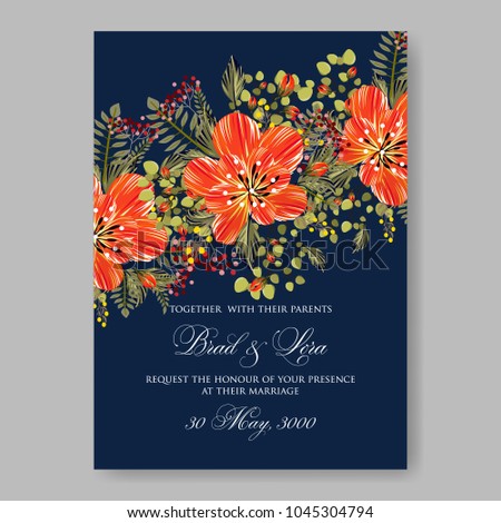 Wedding invitation orange anemone floral vector printable template card