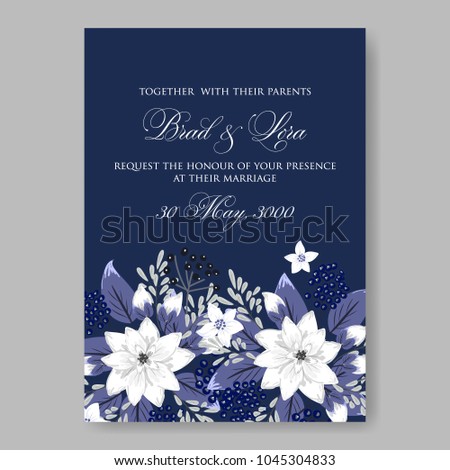 Wedding invitation White Lily anemone floral vector printable template card dark blue background