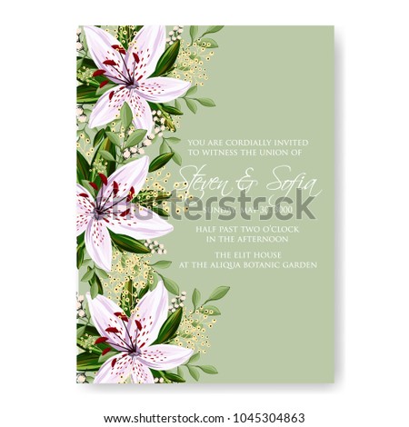 Wedding invitation Pink Lily anemone floral vector printable template card green background