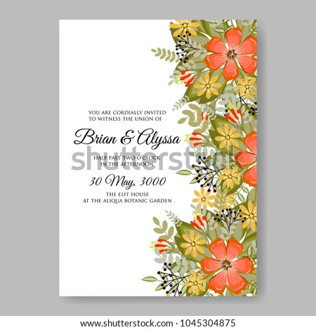 Wedding invitation orange camomile floral vector printable template card