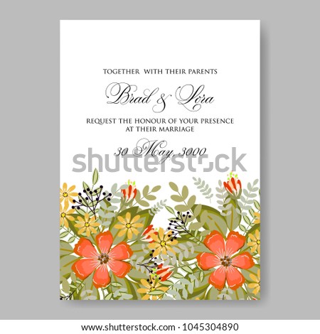 Wedding invitation orange camomile floral vector printable template card