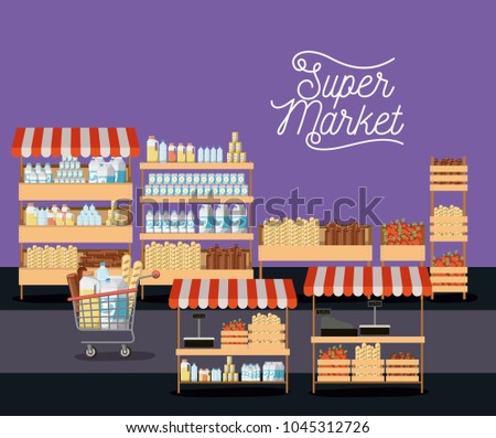supermarket colorful poster of shelves with foods and beverages and trolley