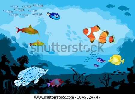 Ocean underwater world with tropical animals. Raster version