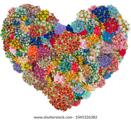 isolated bouquets of flowers. many colors in the form of heart shapes. artificial flowers. little bouquets of flowers. textile industry.