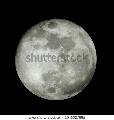Close up of full moon seen with the telescope from northern hemisphere. Showing detail of moon surface. A Night Panorama Lunar Astrophotography isolated background concept. 