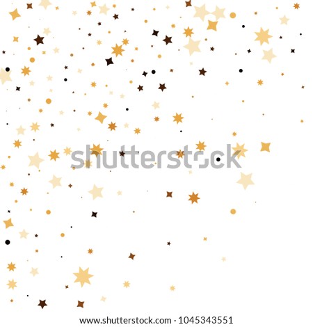 Golden star confetti. Fallen glitter vector background. White and yellow geometric stars explosion for invitation card. New year and christmas celebration template. Bright glitter flat illustration.
