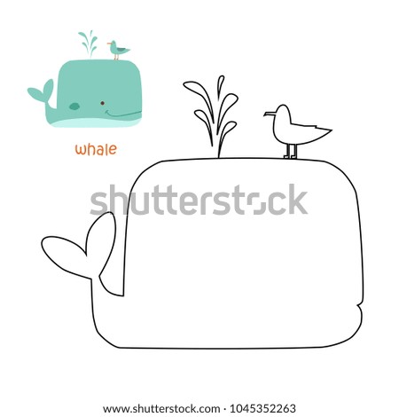 Coloring book for children. Coloring page with whale. illustration set