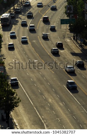 Aerial view of car traffic in downtown Los Angeles, USA