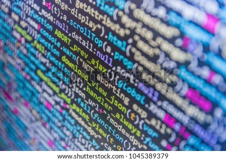 Coding script text on screen. IT business.  Notebook closeup photo. Website codes on computer monitor. Programming code abstract screen of software developer. Script procedure creating. 