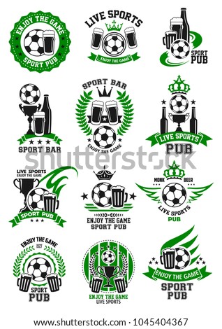 Soccer bar icons templates for live game championship broadcast beer pub. Vector symbols of soccer ball match cup, beer drink bottle or craft draught pint and champion ribbon with stars and crown