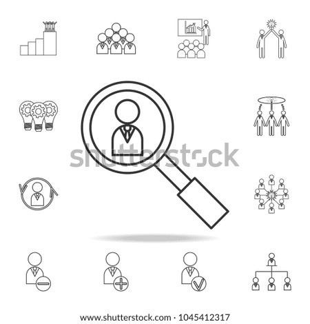 Magnifying glass looking for people icon. Detailed set of team work outline icons. Premium quality graphic design icon. One of the collection icons for websites, web design, mobile on white background
