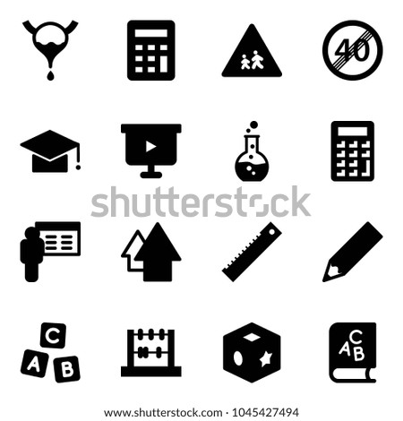 Solid vector icon set - bladder vector, calculator, children road sign, end speed limit, graduate hat, presentation board, round flask, arrow up, ruler, pencil, abc cube, abacus, toy, book