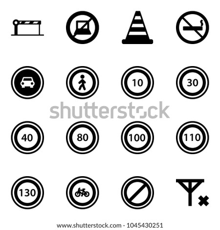Solid vector icon set - barrier vector, no computer sign, road cone, smoking, car, pedestrian, speed limit 10, 30, 40, 80, 100, 110, 130, bike, parking, signal