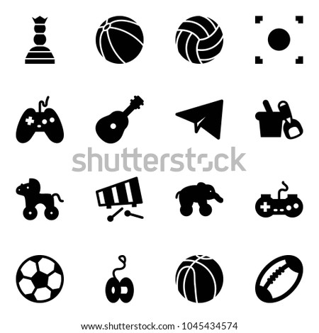 Solid vector icon set - chess queen vector, ball, volleyball, record button, joystick, guitar, paper plane, shovel bucket, wheel horse, xylophone, elephant, gamepad, soccer, yoyo, basketball