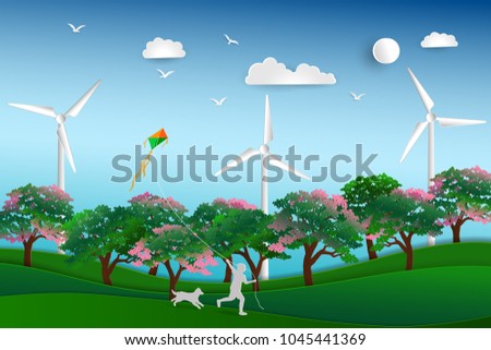 Back to nature and save the environment concept,Happy child playing kite in the meadow with dog,paper art design,vector illustration