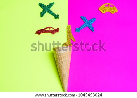 Ice cream cone, planes, cars on bright celebrating background. Summer, holidays, vacation travel concept.