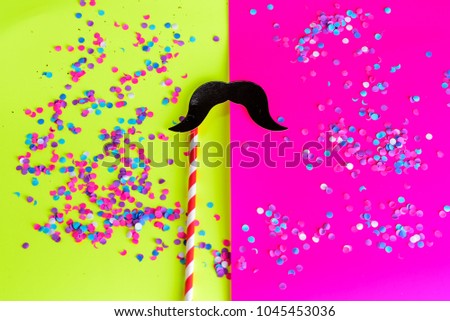 Happy Father's Day greeting card. Flat lay style. Design with mustache on bright background.