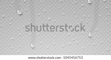 Drops of water, dew falls. Rain or shower drops isolated on transparent background. Realistic pure water droplets condensed. Vector clear vapor bubbles on window glass surface for your design. Royalty-Free Stock Photo #1045456753
