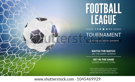 Football game match goal moment with ball in the net, mesh. Soccer ball in goal. Template for football or soccer games, tournaments, championships, posters, invitations 3D illustration.