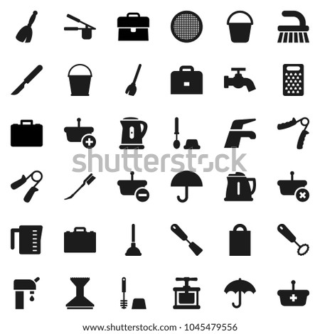Flat vector icon set - plunger vector, broom, water tap, fetlock, bucket, car, toilet brush, kettle, measuring cup, cook press, whisk, spatula, grater, sieve, case, hand trainer, umbrella, scalpel
