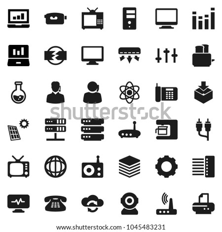 Flat vector icon set - toaster vector, atom, world, flask, laptop graph, support, package, radio, tv, settings, equalizer, video camera, monitor, classic phone, rca, diagnostic, network server, gear